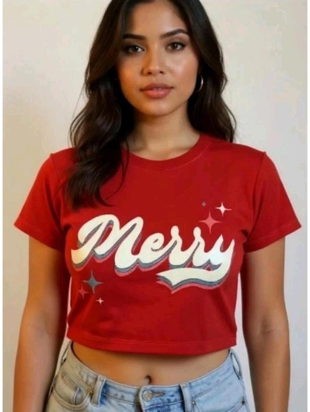 Merry Holiday Graphic Crop Top - Red size M